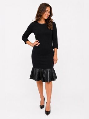 Shayne Black Knit Dress Faux Leather Trim Peplum Hem 3/4 Sleeve Cocktail Office